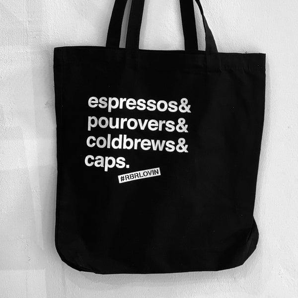 Espressos& Pourovers& Coldbrews& Caps Tote Bag tote bag roundboyroasters 